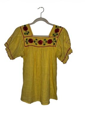 Mexican Top Blouses Embroidered Handmade YELLOW Sz S